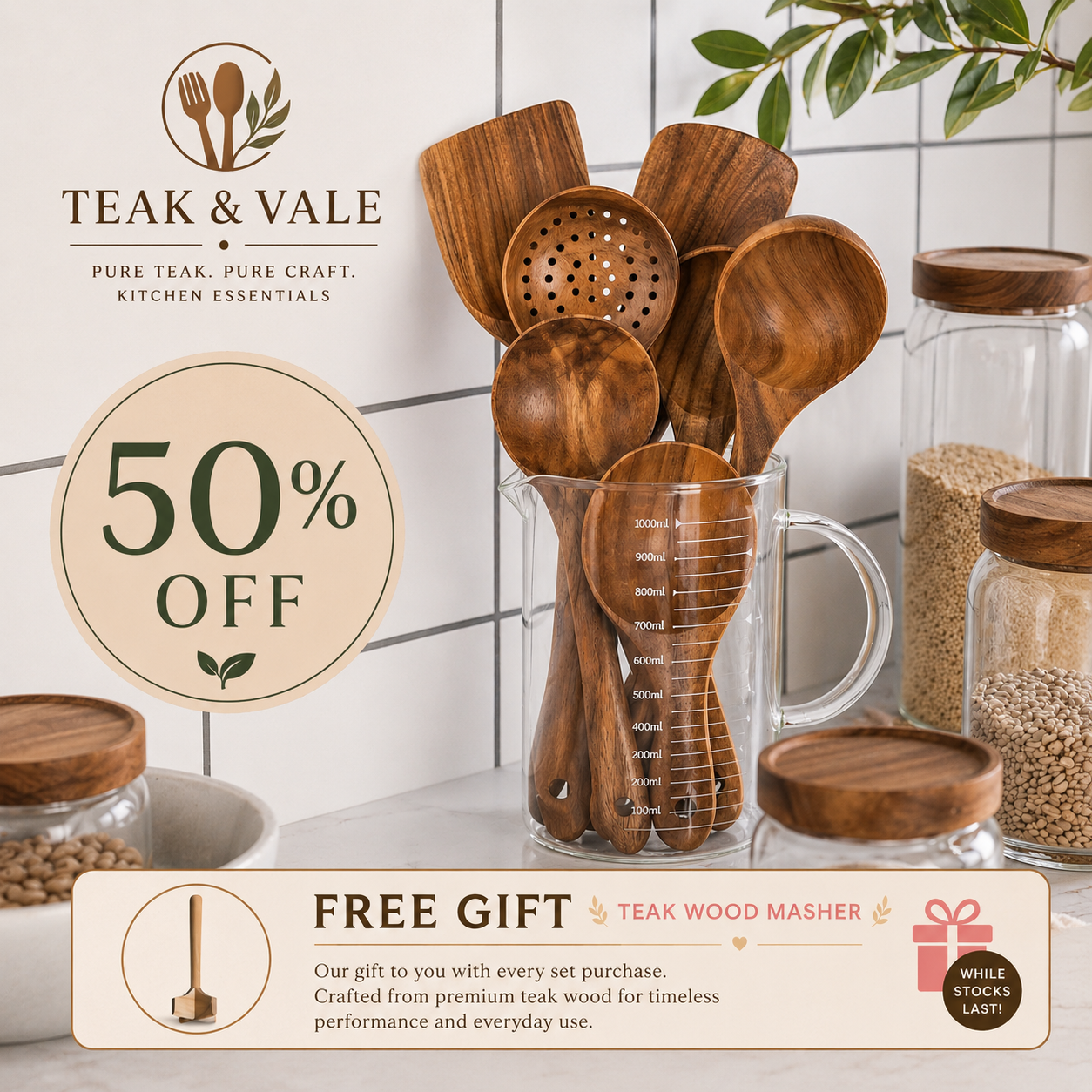 Teak & Vale Artisan Hand-Crafted Pure Teak Utensils